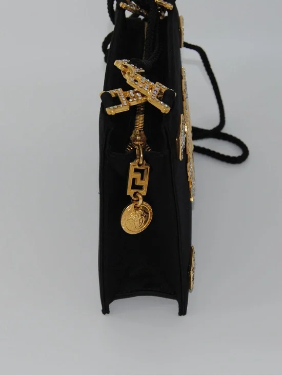 Gianni Versace Couture Vintage Medusa Satin Shoulder Bag Black Gold Rhinestone - Picture 8 of 12
